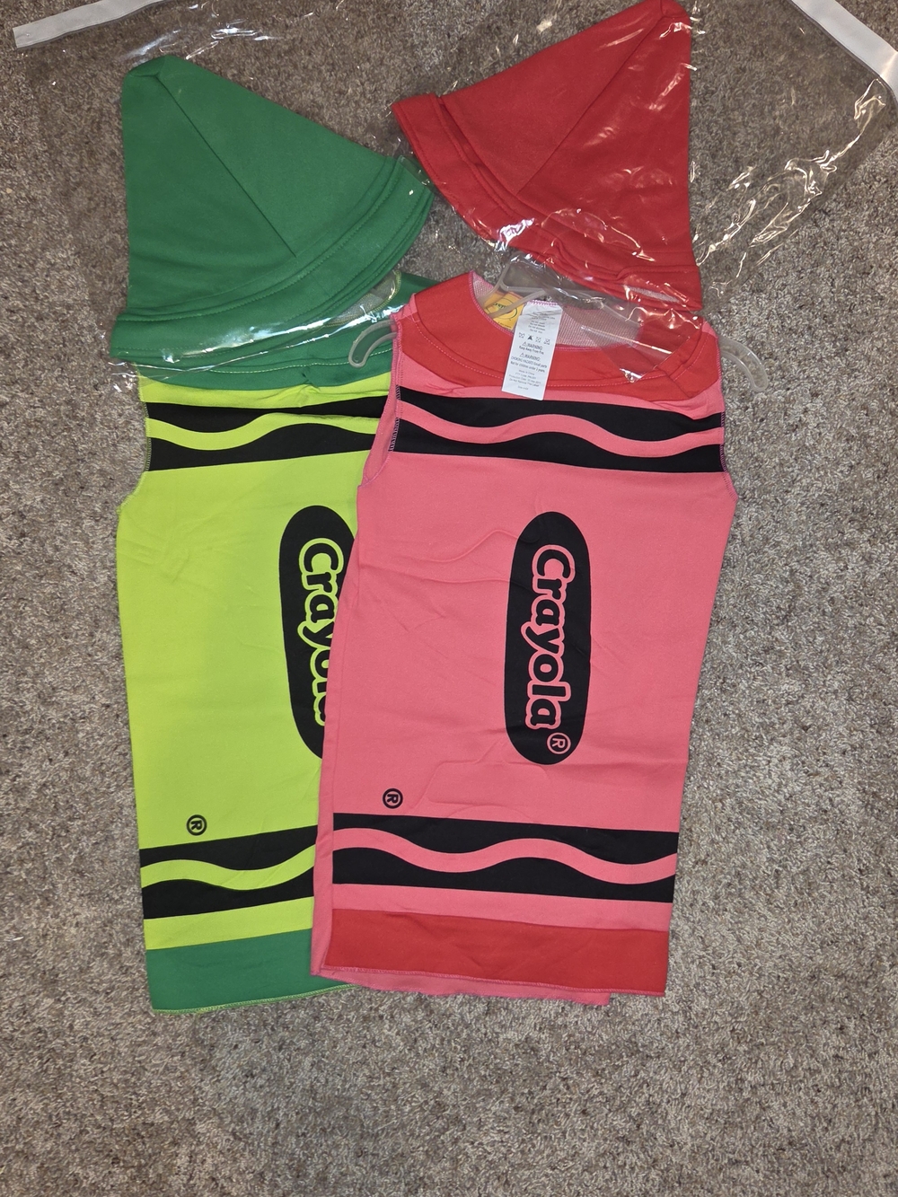 2 Crayola 4/6X Red and Green Kids Crayon Costume Tunics with Hats